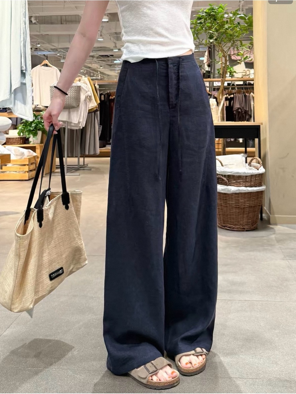 Wide Leg Navy Linen-Blend Pants size Small